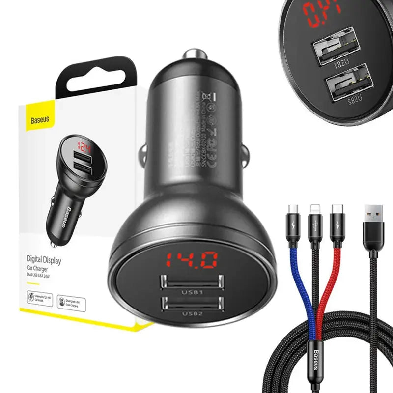 Baseus Φορτιστής Αυτοκινήτου 24W με Καλώδιο USB 3σε1 (USB-C, Lightning, Micro USB) 1.2m (Μαύρο)