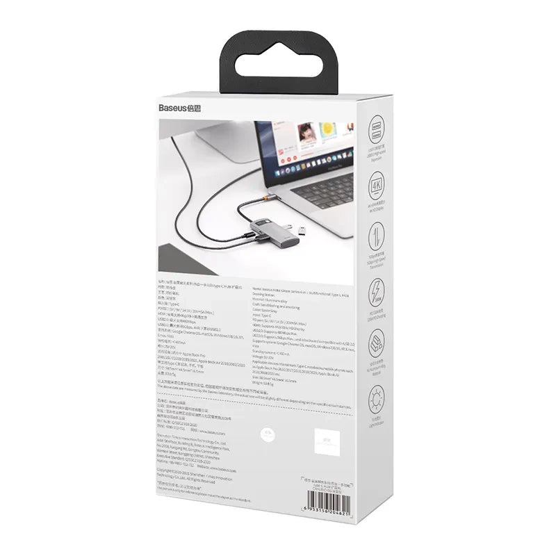 Baseus Docking Station 4σε1 Metal Gleam Series, USB-C σε USB 3.0 + USB 2.0 + HDMI + USB-C PD (Ασημί)