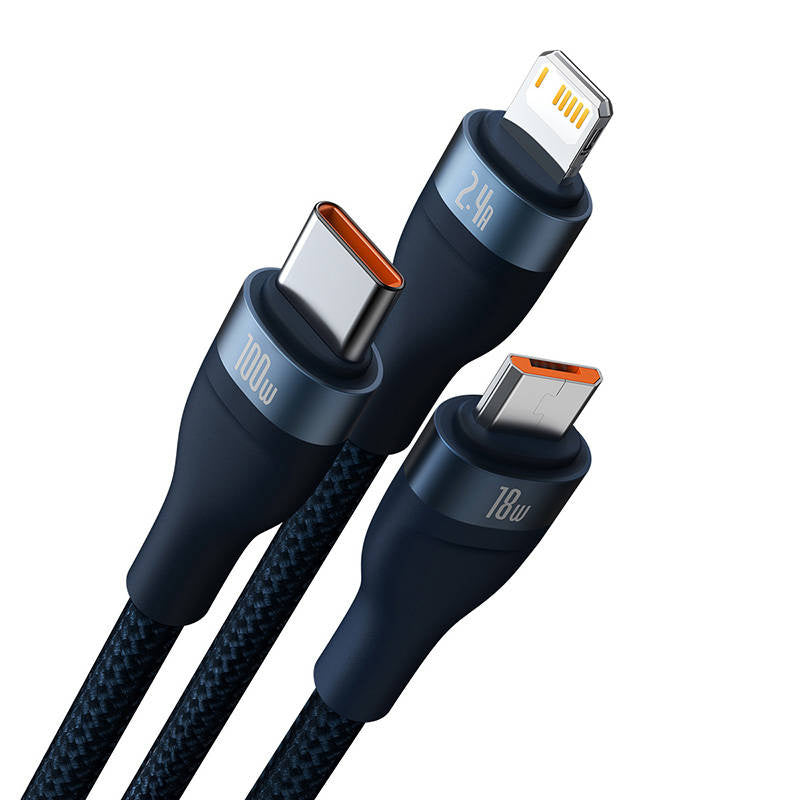 Baseus Καλώδιο USB 3σε1 Flash Series, USB-C+MicroUSB+Lightning, 100W, 1.2m (Μπλε)