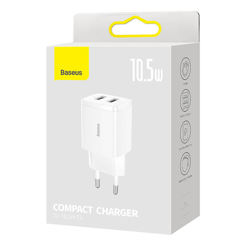 Baseus Φορτιστής Compact Quick Charger, 2xUSB, 10.5W (Λευκό)