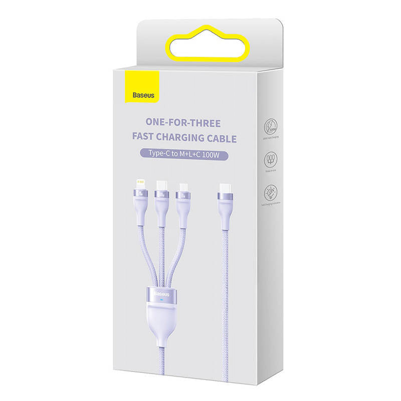 Baseus Καλώδιο USB 3σε1 Flash Series 2, USB-C/MicroUSB/Lightning, 100W, 1.5m (Λιλά)