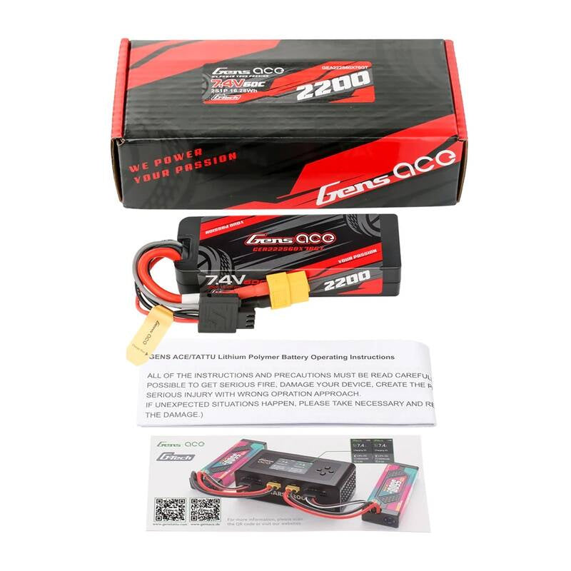 Gens ace G-Tech 2200mAh 7.4V 2S1P 60C GRP-76 Hardcase Lipo Battery Pack with XT60 plug