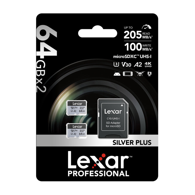 Set of 2 memory cards Lexar High-Performance Silver Plus microSDXC 2x64GB + adapter