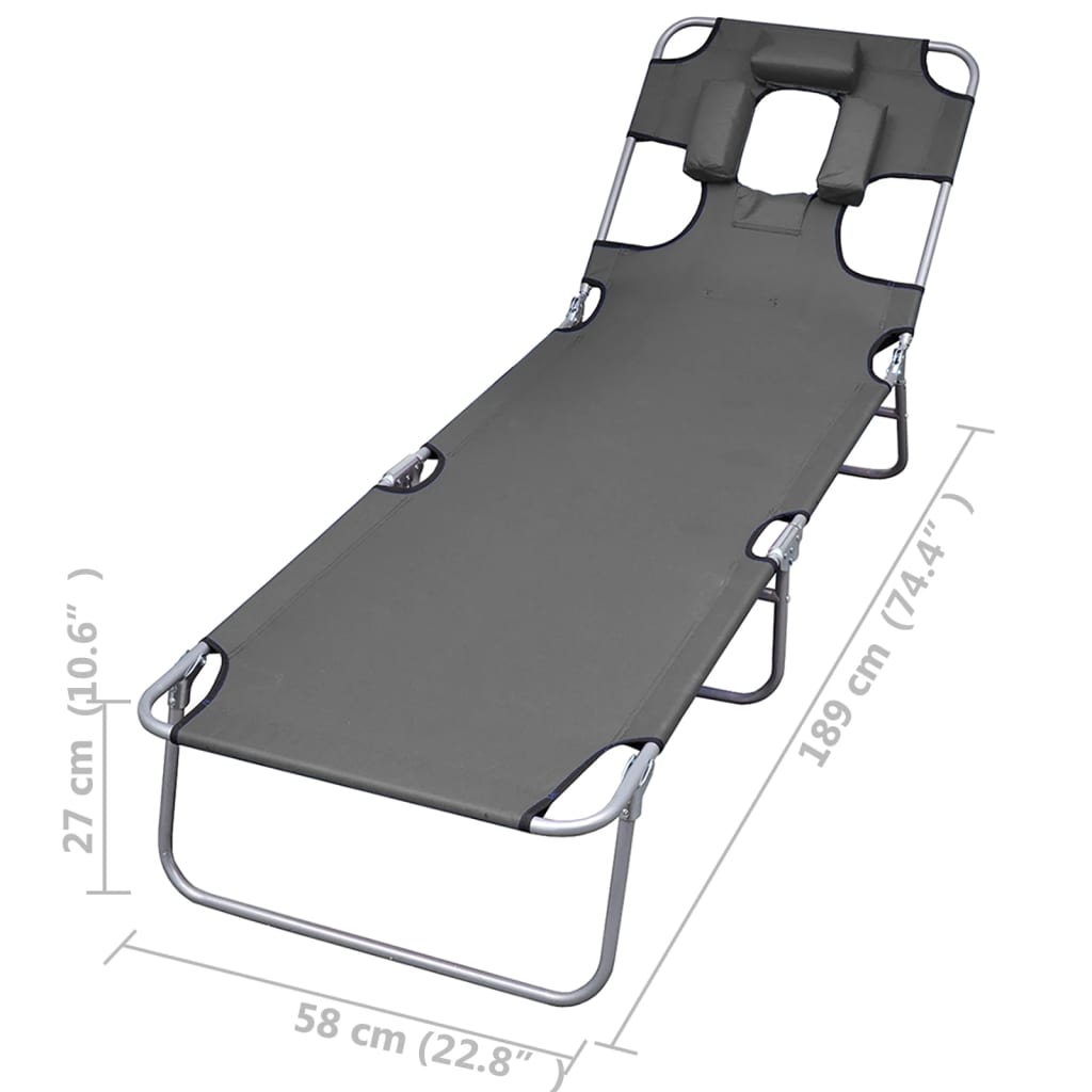 vidaXL Ξαπλώστρα Πτυσσόμενη με Μαξιλάρι και Ρυθμιζόμενη Πλάτη Γκρι