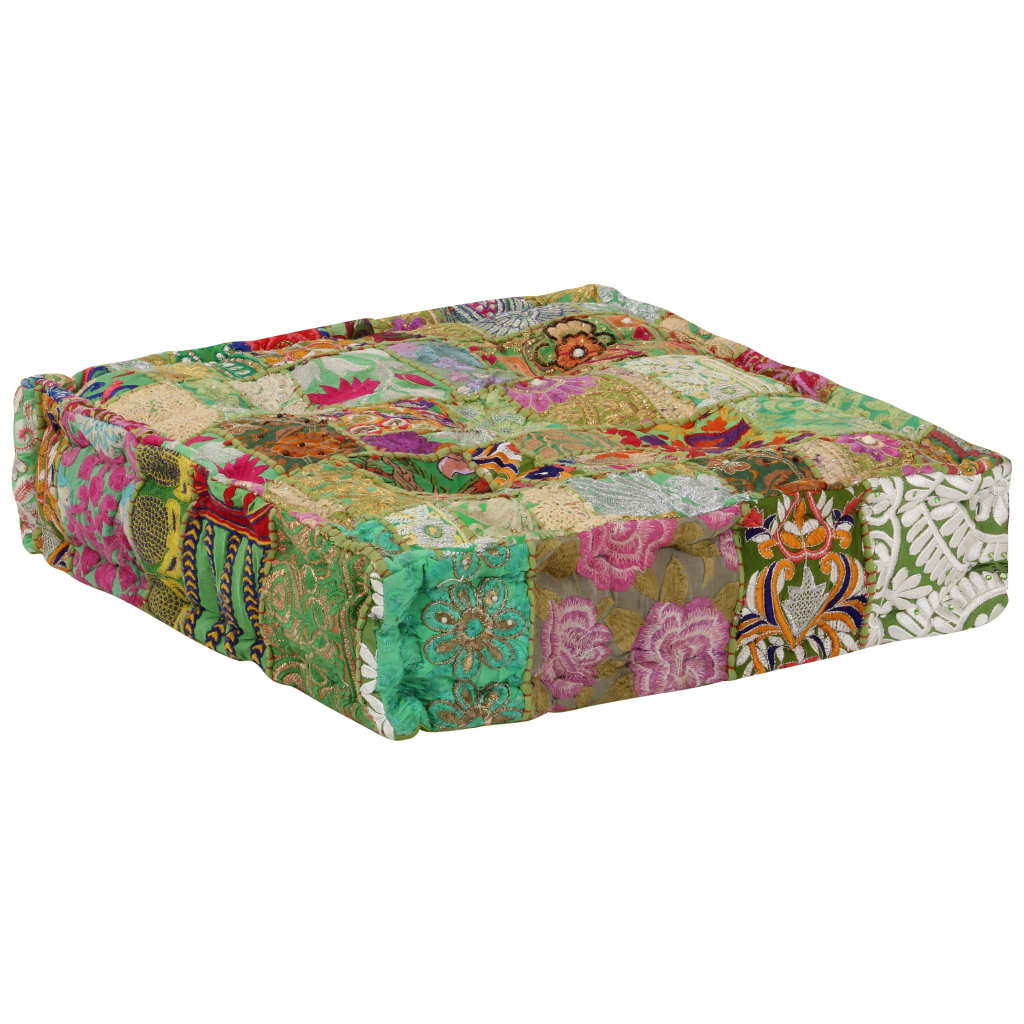 vidaXL Πουφ Patchwork Τετράγωνο Χειροπ. Πράσινο 50x50x12 εκ. Βαμβάκι