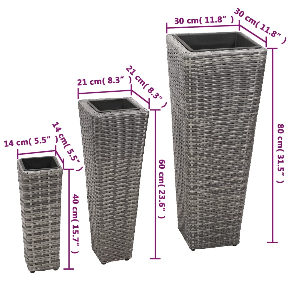 vidaXL Ζαρντινιέρες Υπερυψωμένες 3 τεμ. Γκρι από Συνθετικό Ρατάν