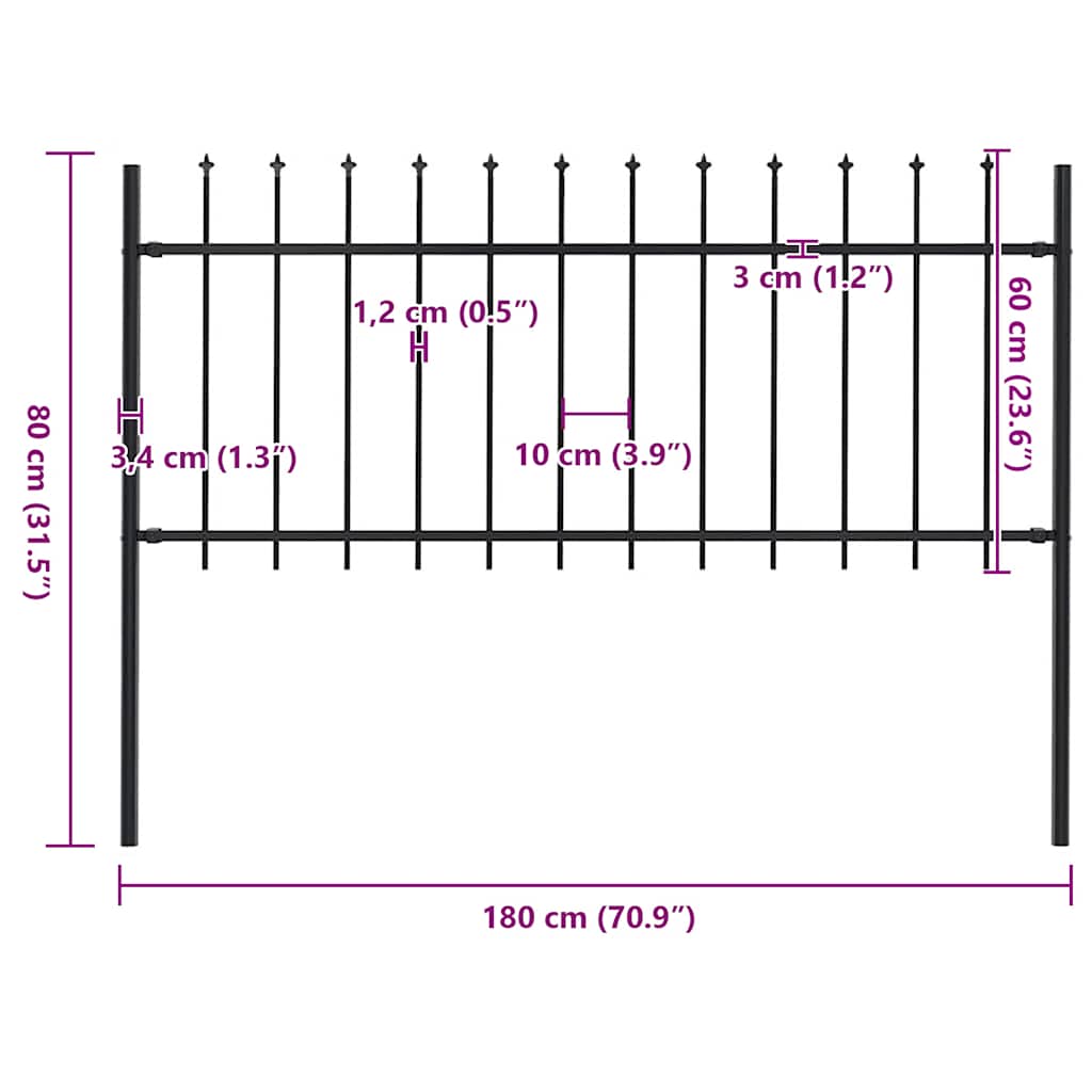 vidaXL Φράχτης Κήπου με Κορυφή Δόρυ Μαύρος Ατσάλινος 181 x 80 εκ.