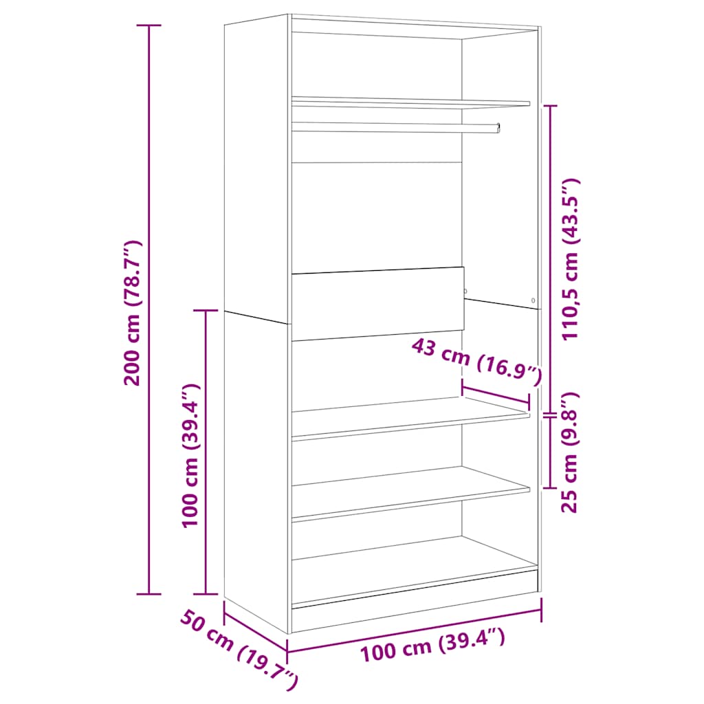 vidaXL Ντουλάπα Μαύρη 100 x 50 x 200 εκ. από Επεξ. Ξύλο