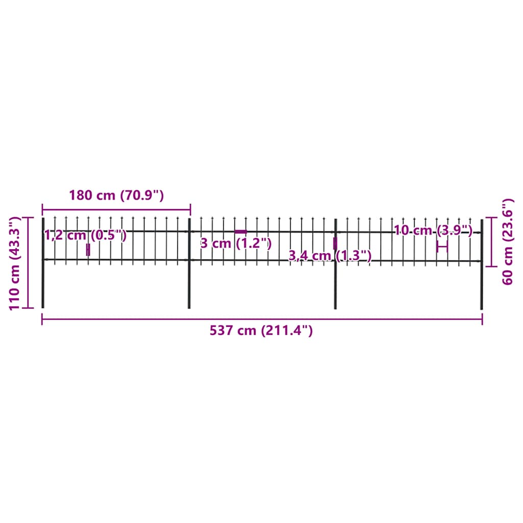 vidaXL Φράχτης Κήπου με Κορυφή Δόρυ Μαύρος Ατσάλινος 537 x 60 εκ.