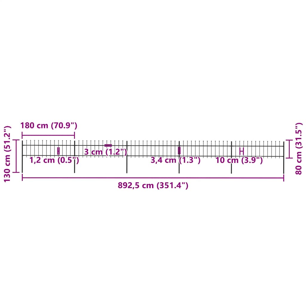 vidaXL Φράχτης Κήπου με Κορυφή Δόρυ από Ατσάλι 892,5 x 80 εκ. Μαύρος