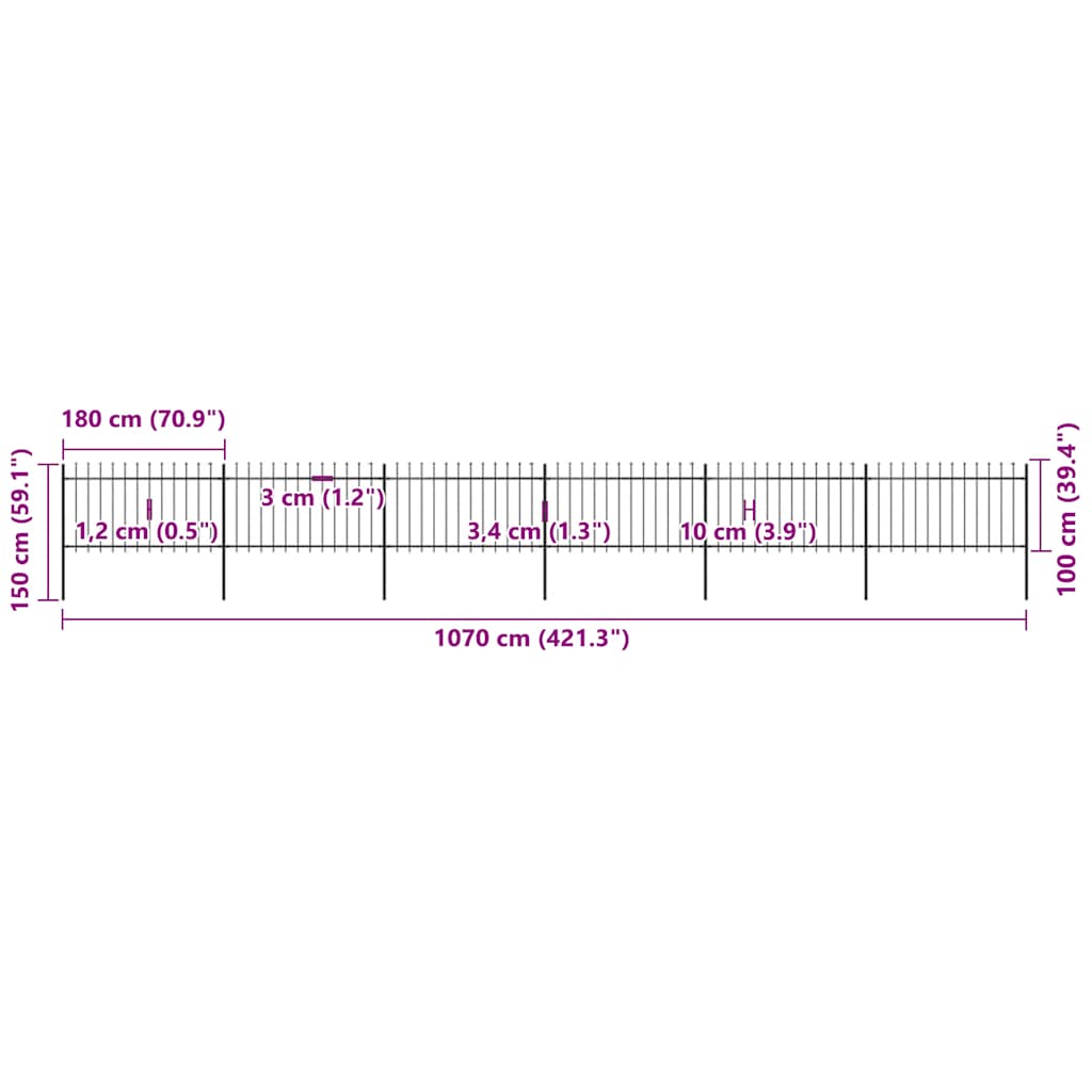 vidaXL Φράχτης Κήπου με Κορυφή Δόρυ από Ατσάλι, Μαύρος 1070 x 100 εκ.
