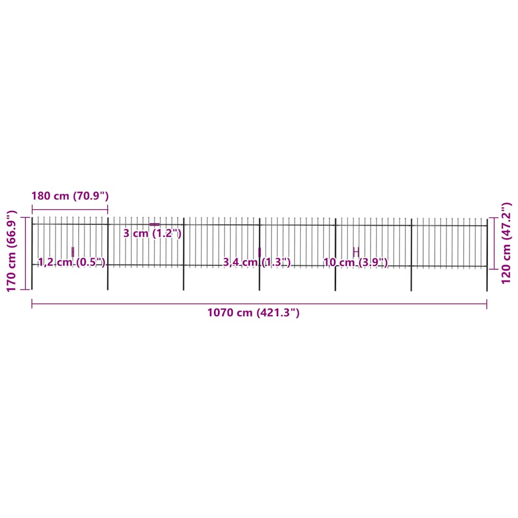 vidaXL Φράχτης Κήπου με Κορυφή Δόρυ από Ατσάλι, Μαύρος 1070x120 εκ.
