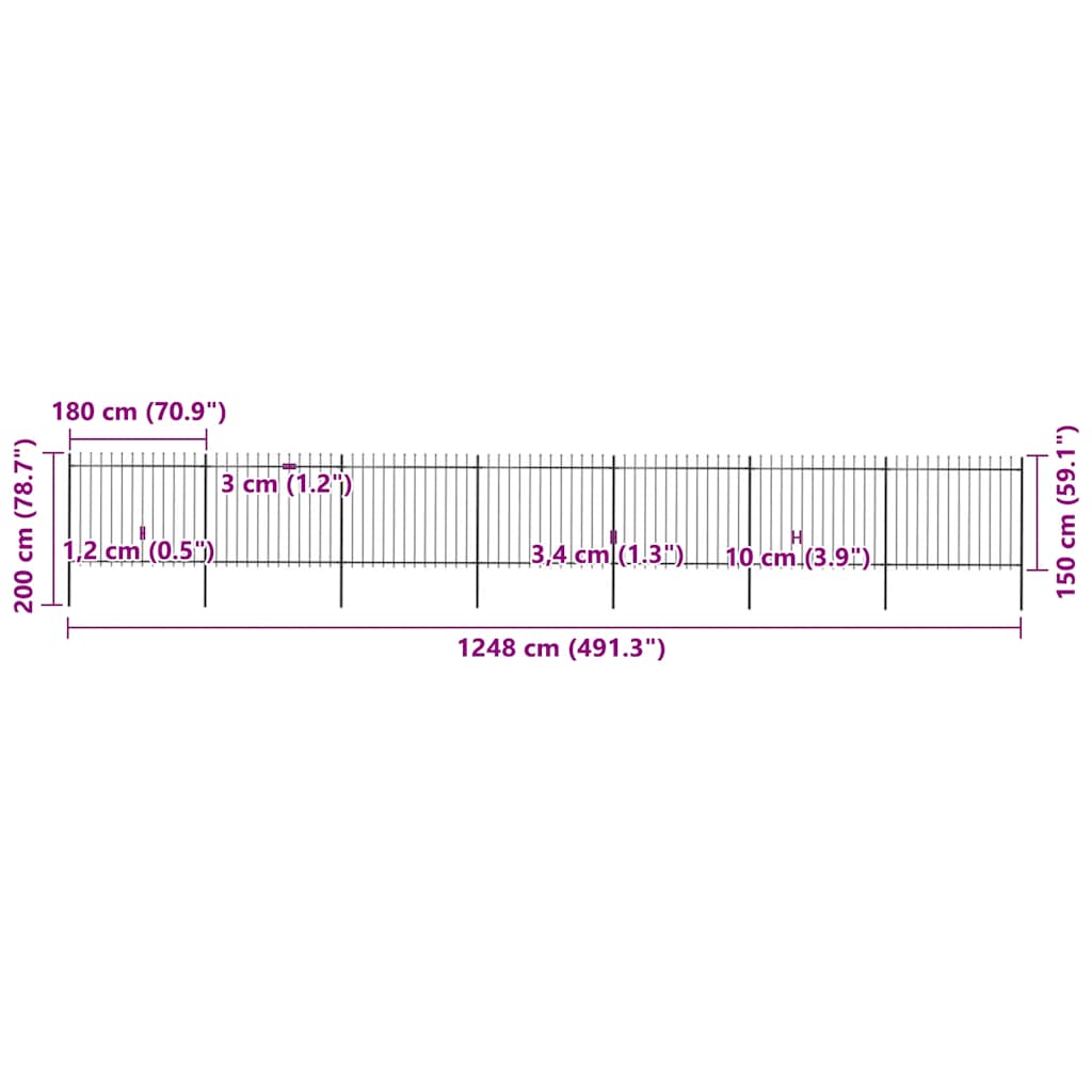 vidaXL Φράχτης Κήπου με Κορυφή Δόρυ Μαύρος Ατσάλινος 1248 x 150 εκ.