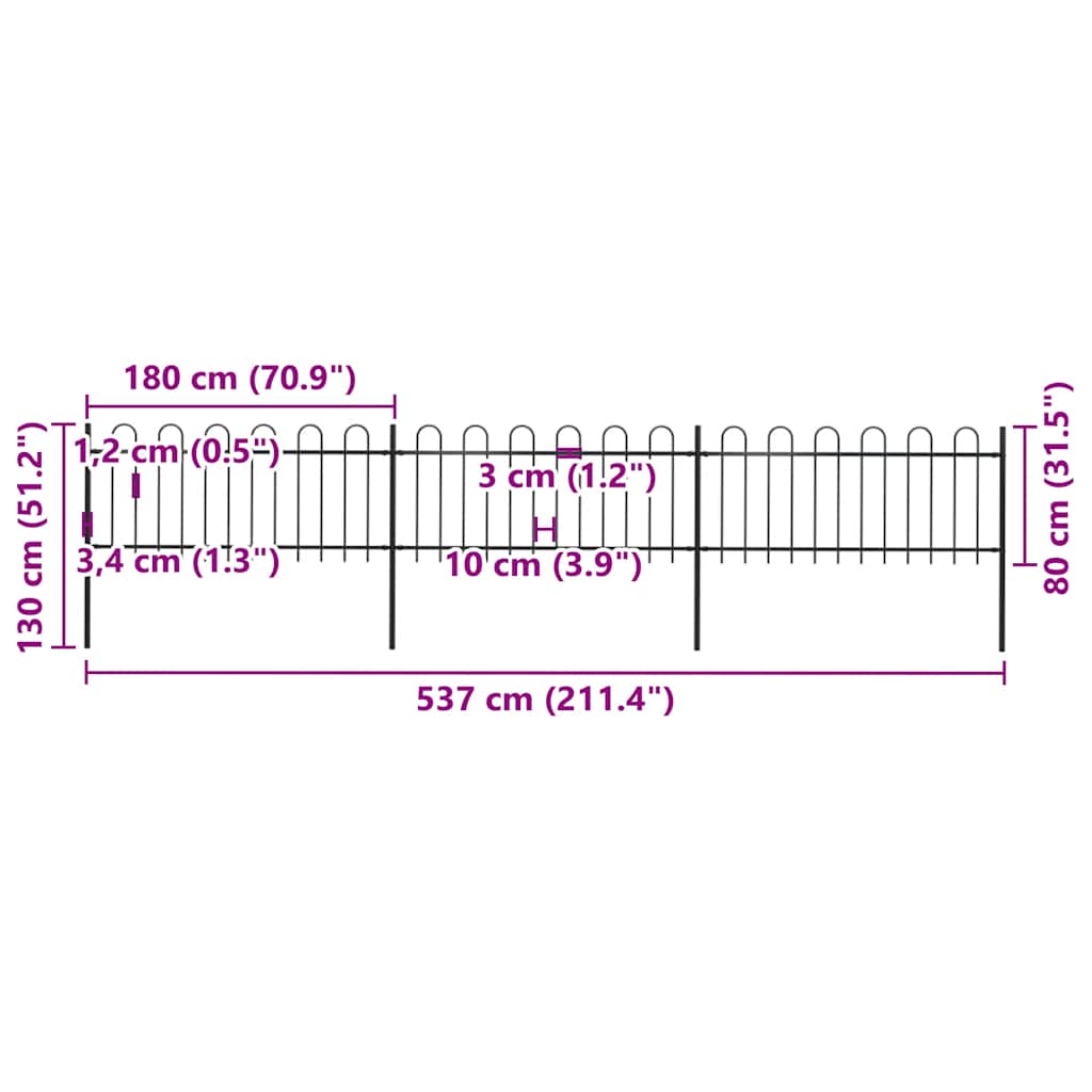 vidaXL Φράχτης Κήπου με Κορυφή από Ατσάλι, Μαύρος 537 x 80 εκ.