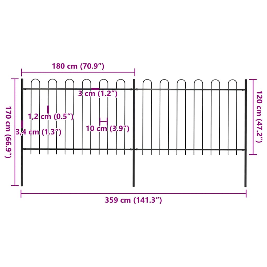 vidaXL Φράχτης Κήπου με Κορυφή από Ατσάλι 359 x 120 εκ. Μαύρος