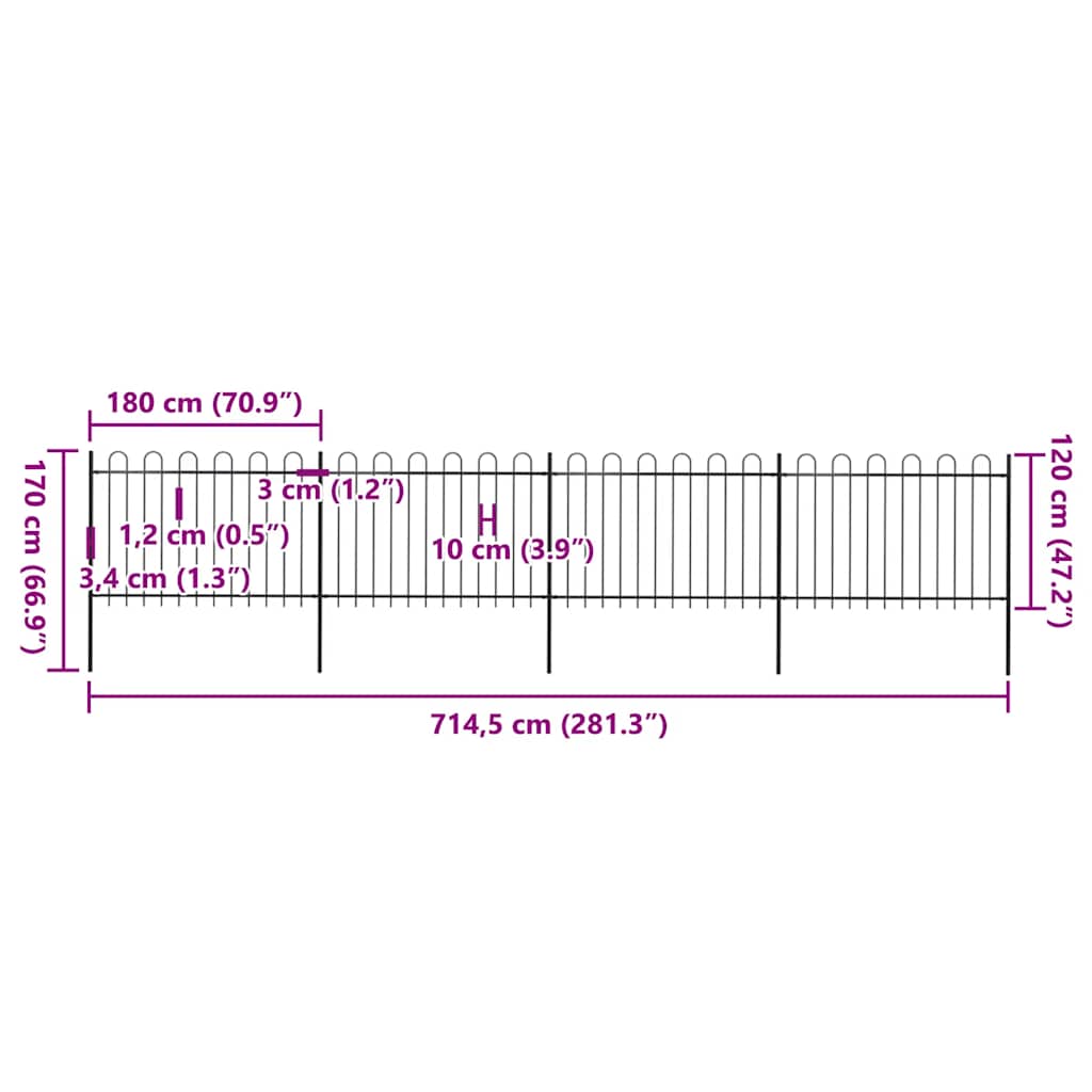 vidaXL Φράχτης Κήπου με Κορυφή από Ατσάλι 714,5 x 120 εκ. Μαύρος