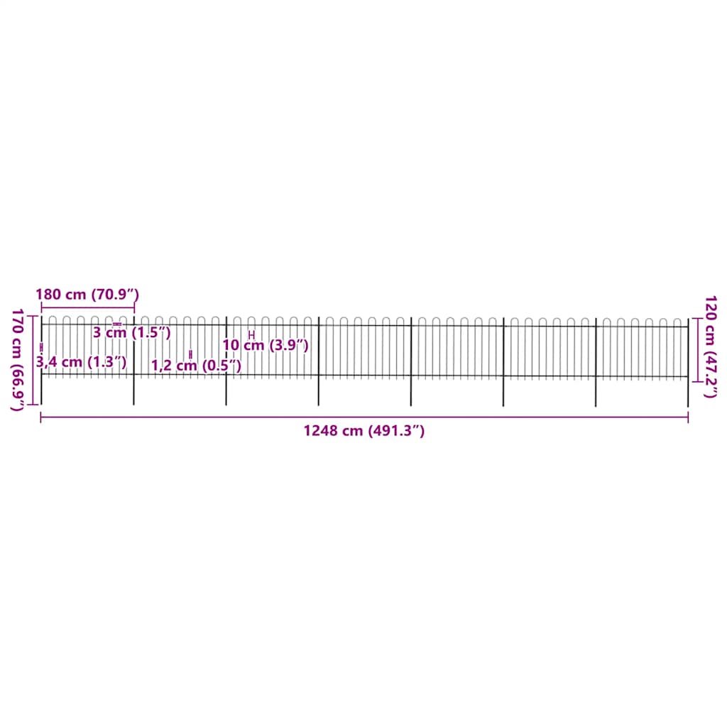 vidaXL Φράχτης Κήπου με Κορυφή από Ατσάλι, Μαύρος 1248 x 120 εκ.