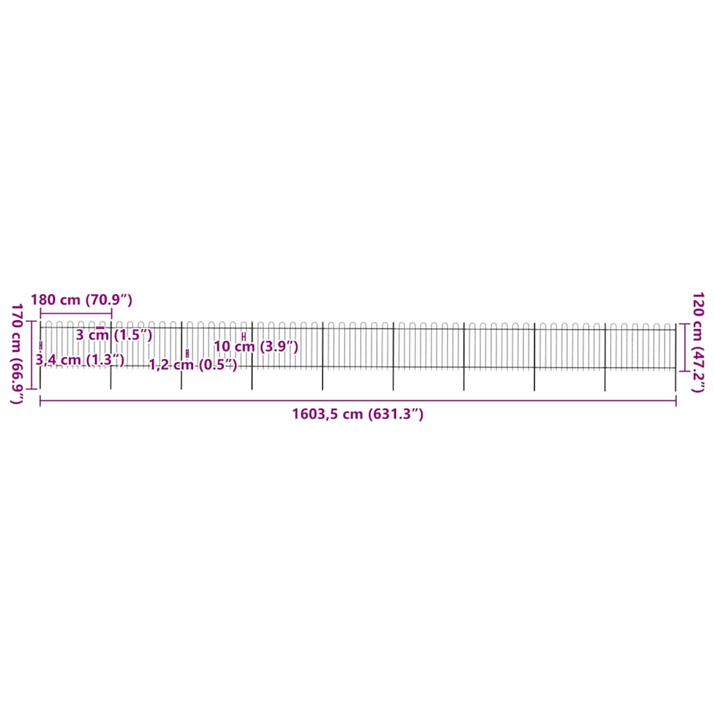 vidaXL Φράχτης Κήπου με Κορυφή από Ατσάλι 1603,5 x 120 εκ. Μαύρος