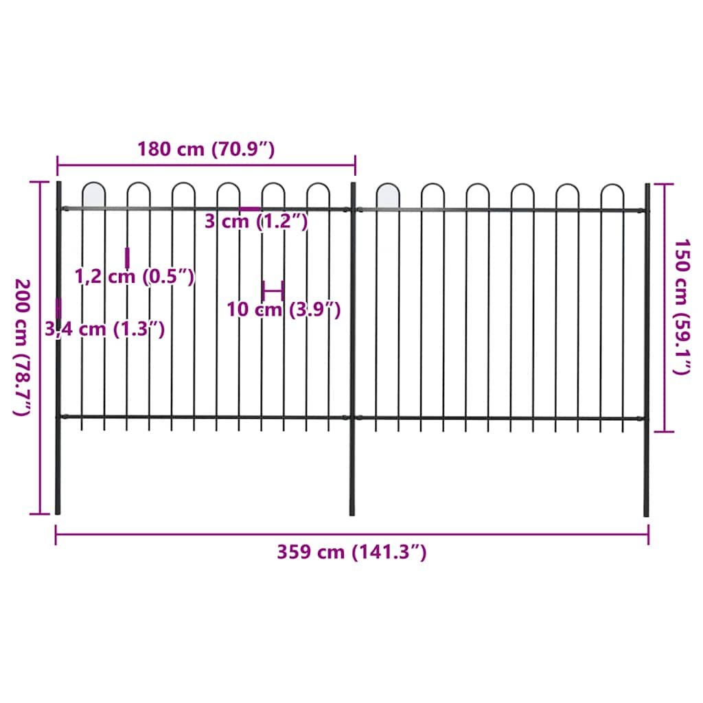 vidaXL Φράχτης Κήπου με Κορυφή από Ατσάλι 359 x 150 εκ. Μαύρος