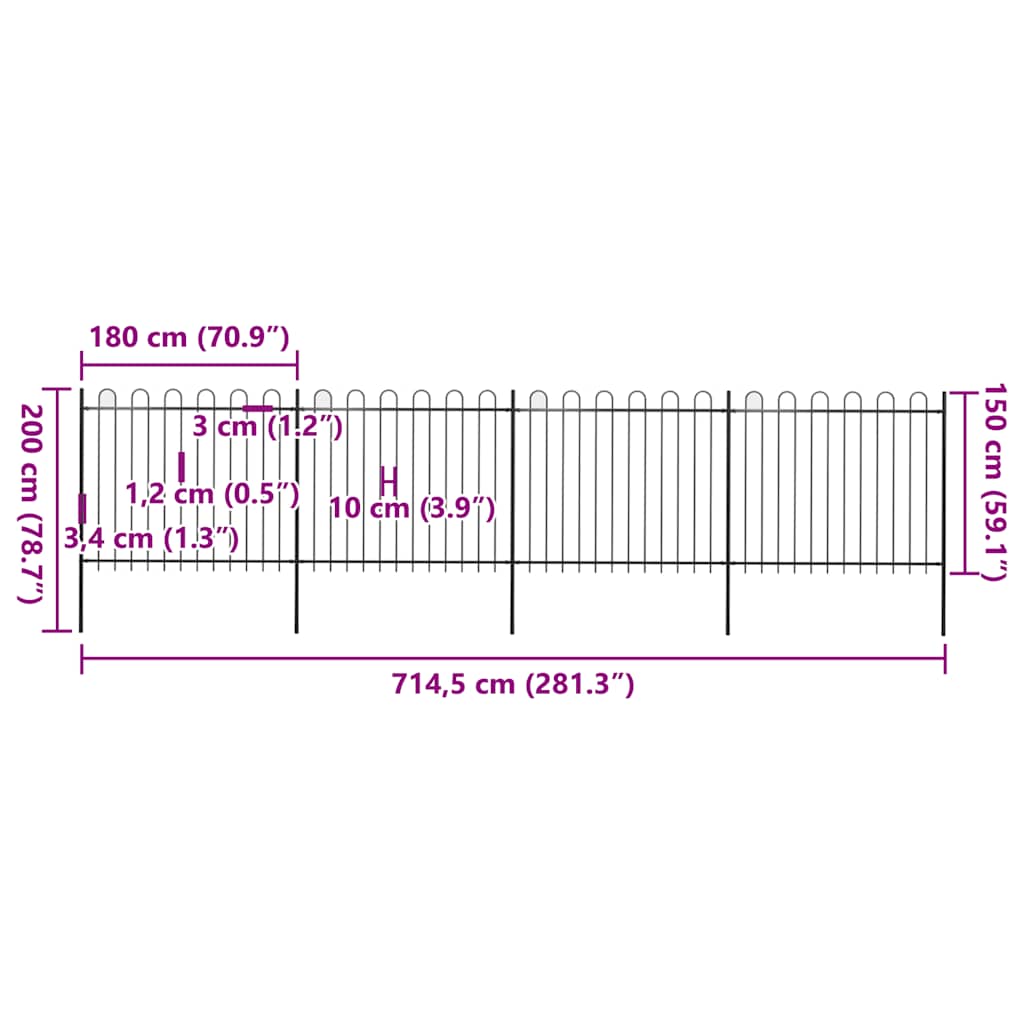 vidaXL Φράχτης Κήπου με Κορυφή από Ατσάλι 714,5 x 150 εκ. Μαύρος