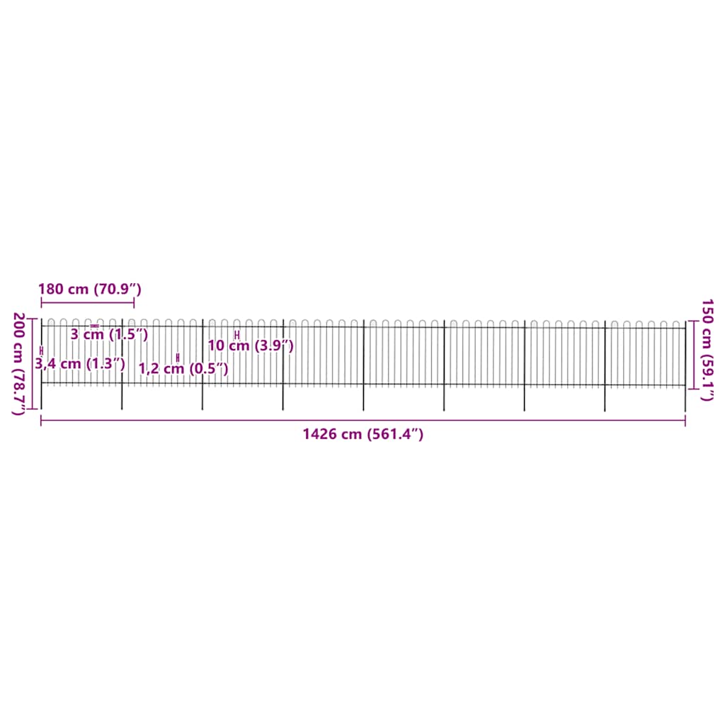 vidaXL Φράχτης Κήπου με Κορυφή από Ατσάλι 1339 x 150 εκ. Μαύρος
