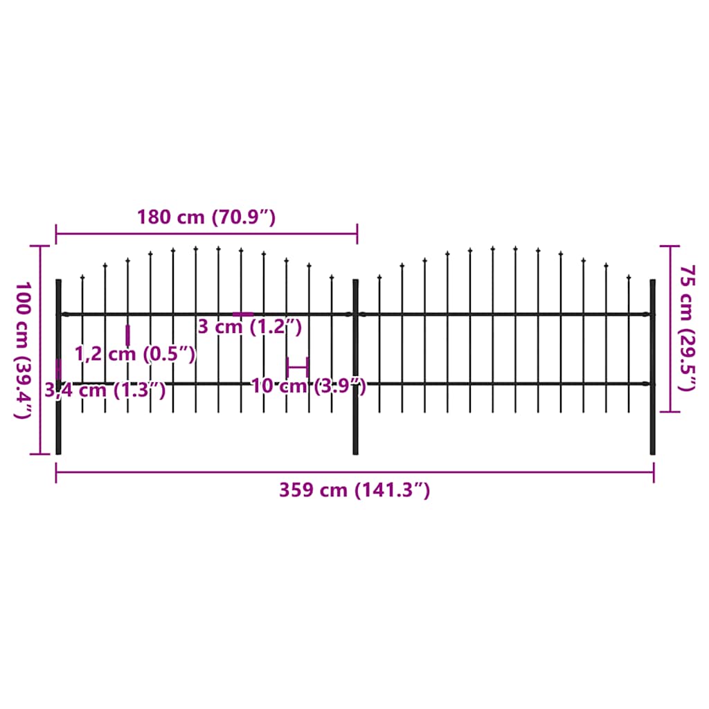 vidaXL Φράχτης Κήπου με Κορυφή Δόρυ Μαύρος Ατσάλινος 359 x 100 εκ.
