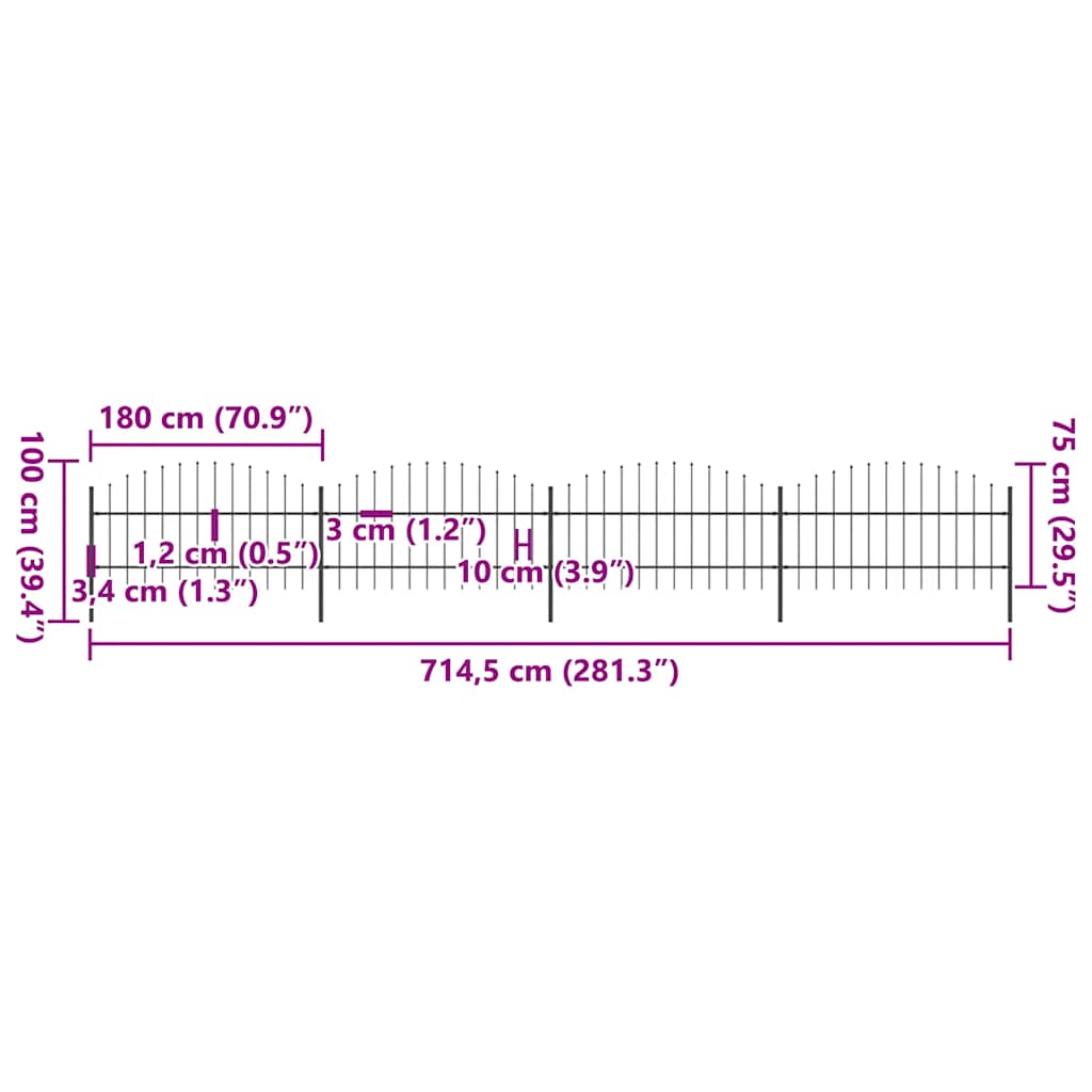 vidaXL Φράχτης Κήπου με Κορυφή Δόρυ από Ατσάλι 714,5 x 100 εκ. Μαύρος