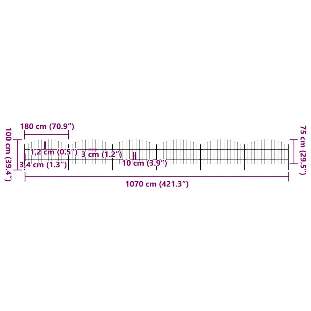 vidaXL Φράχτης Κήπου με Κορυφή Δόρυ από Ατσάλι, Μαύρος 1070 x 100 εκ.