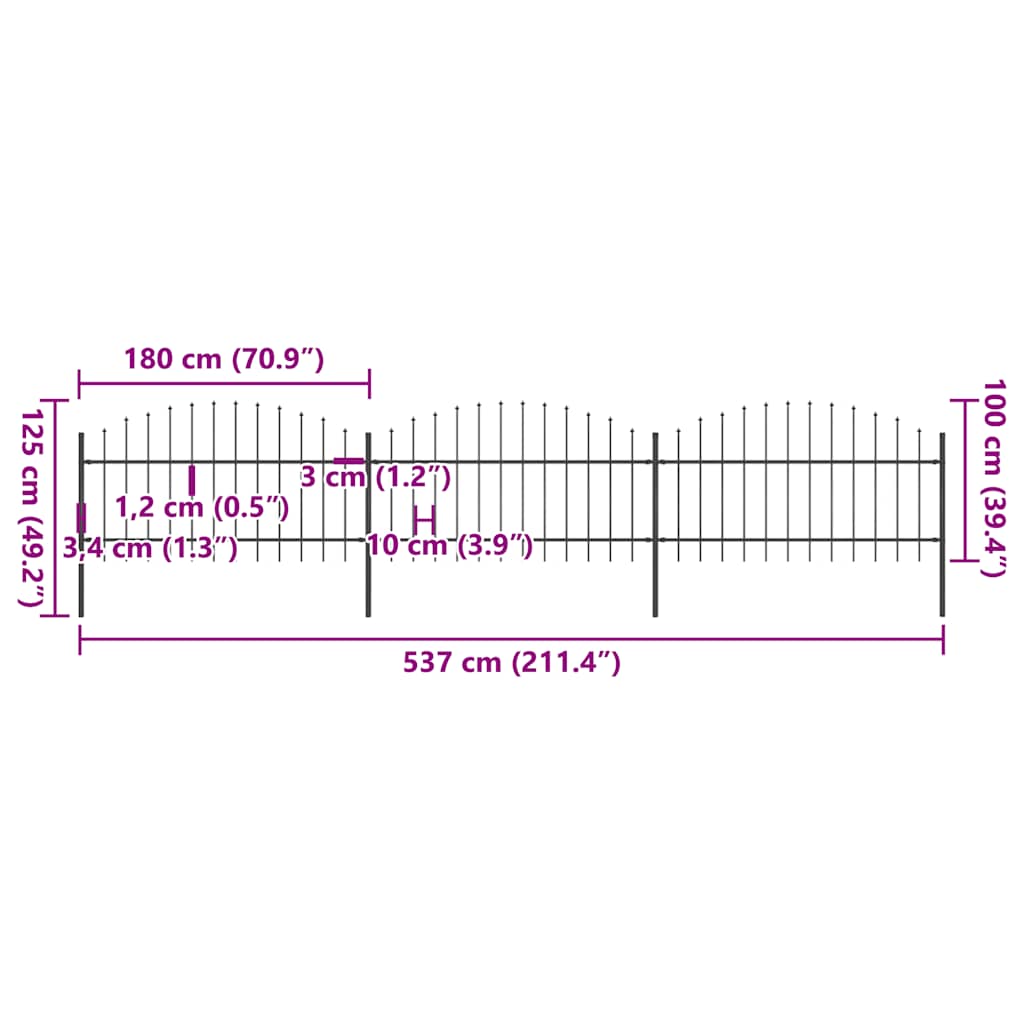 vidaXL Φράχτης Κήπου με Κορυφή Δόρυ Μαύρος Ατσάλινος 537 x 125 εκ.