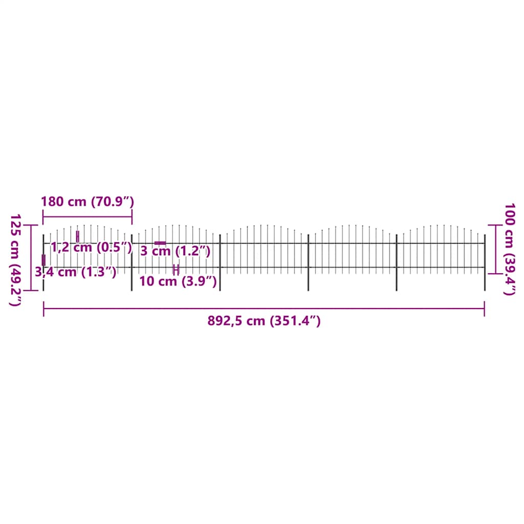 vidaXL Φράχτης Κήπου με Κορυφή Δόρυ από Ατσάλι 892,5 x 125 εκ. Μαύρος