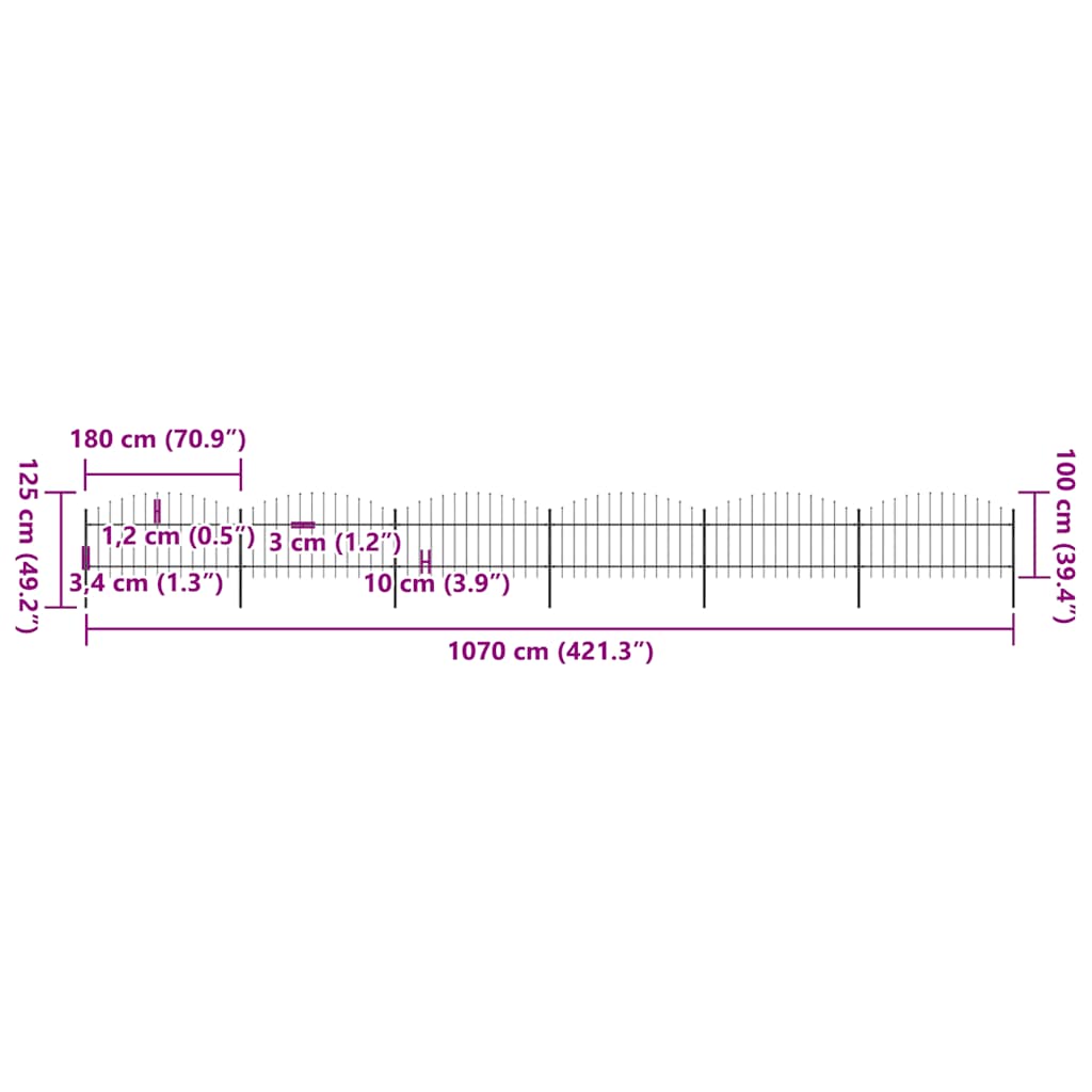 vidaXL Φράχτης Κήπου με Κορυφή Δόρυ από Ατσάλι, Μαύρος 1070x125 εκ.