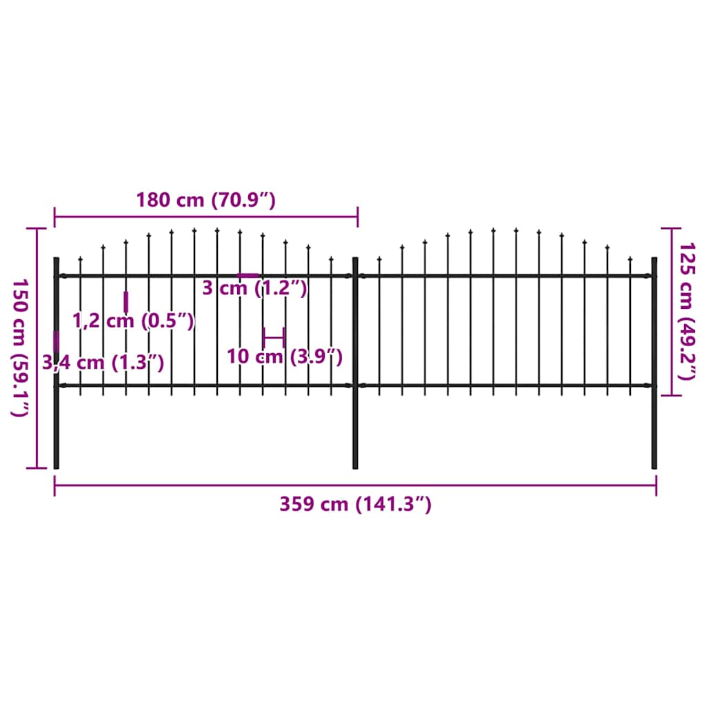 vidaXL Φράχτης Κήπου με Κορυφή Δόρυ Μαύρος Ατσάλινος 359 x 150 εκ.