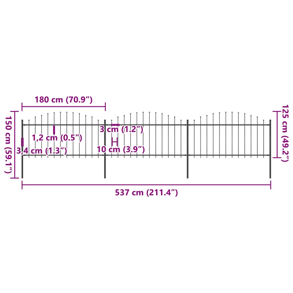 vidaXL Φράχτης Κήπου με Κορυφή Δόρυ Μαύρος Ατσάλινος 537 x 150 εκ.