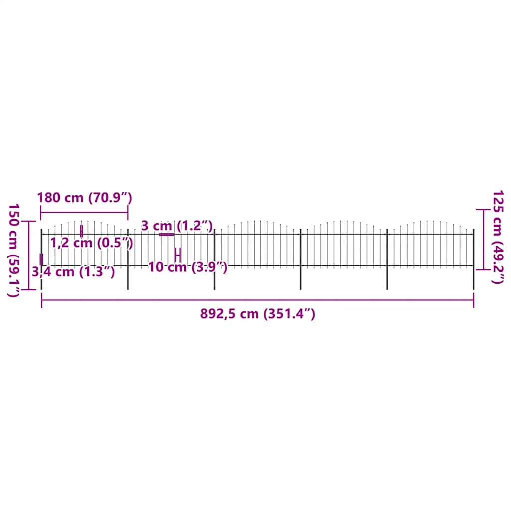 vidaXL Φράχτης Κήπου με Κορυφή Δόρυ από Ατσάλι 892,5 x 150 εκ. Μαύρος