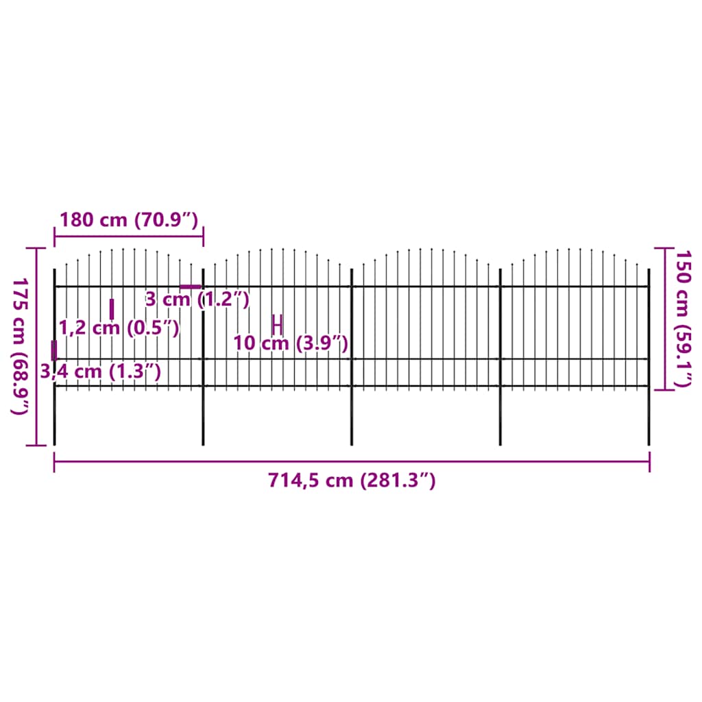 vidaXL Φράχτης Κήπου με Κορυφή Δόρυ Μαύρος Ατσάλινος 714,5 x 175 εκ.