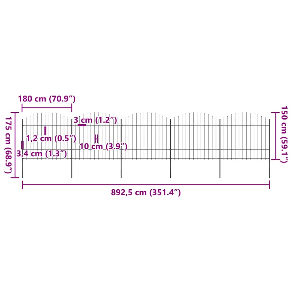 vidaXL Φράχτης Κήπου με Κορυφή Δόρυ από Ατσάλι 838 x 175 εκ. Μαύρος