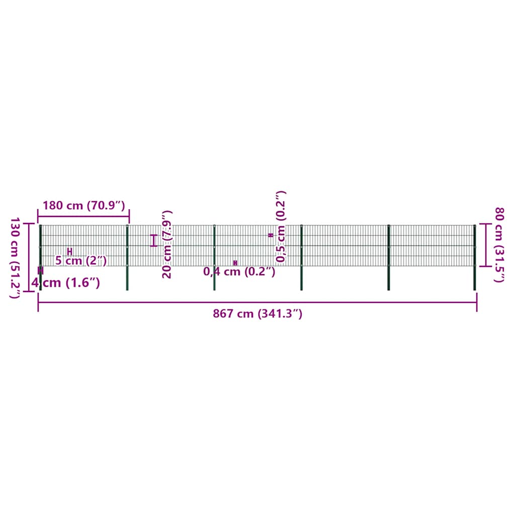 vidaXL Πάνελ Περίφραξης με Στύλους Σιδερένιο Πράσινο 867 x 80 εκ.