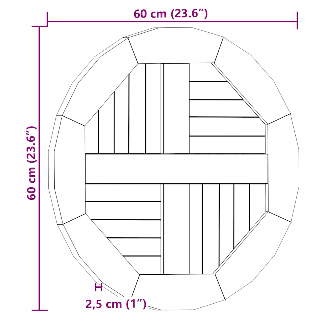 vidaXL Επιφάνεια Τραπεζιού Στρογγυλή 2,5 εκ. 60 εκ. Μασίφ Ξύλο Teak