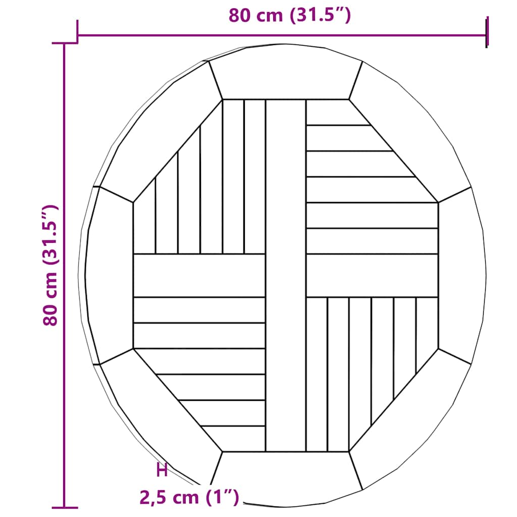 vidaXL Επιφάνεια Τραπεζιού Στρογγυλή 2,5 εκ. 80 εκ. Μασίφ Ξύλο Teak