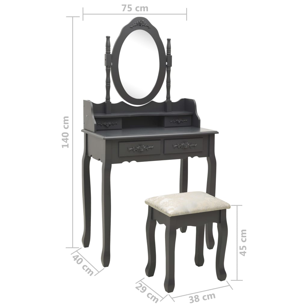 vidaXL Μπουντουάρ με Σκαμπό Γκρι 75 x 69 x 140 εκ. Ξύλο Παυλώνιας