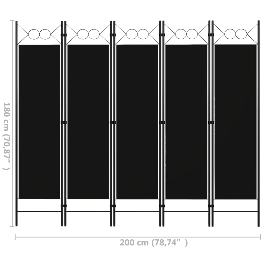 vidaXL Διαχωριστικό Δωματίου με 5 Πάνελ Μαύρο 200 x 180 εκ.