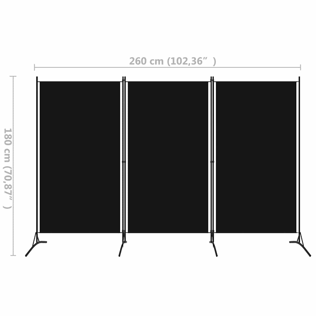 vidaXL Διαχωριστικό Δωματίου με 3 Πάνελ Μαύρο 260 x 180 εκ.