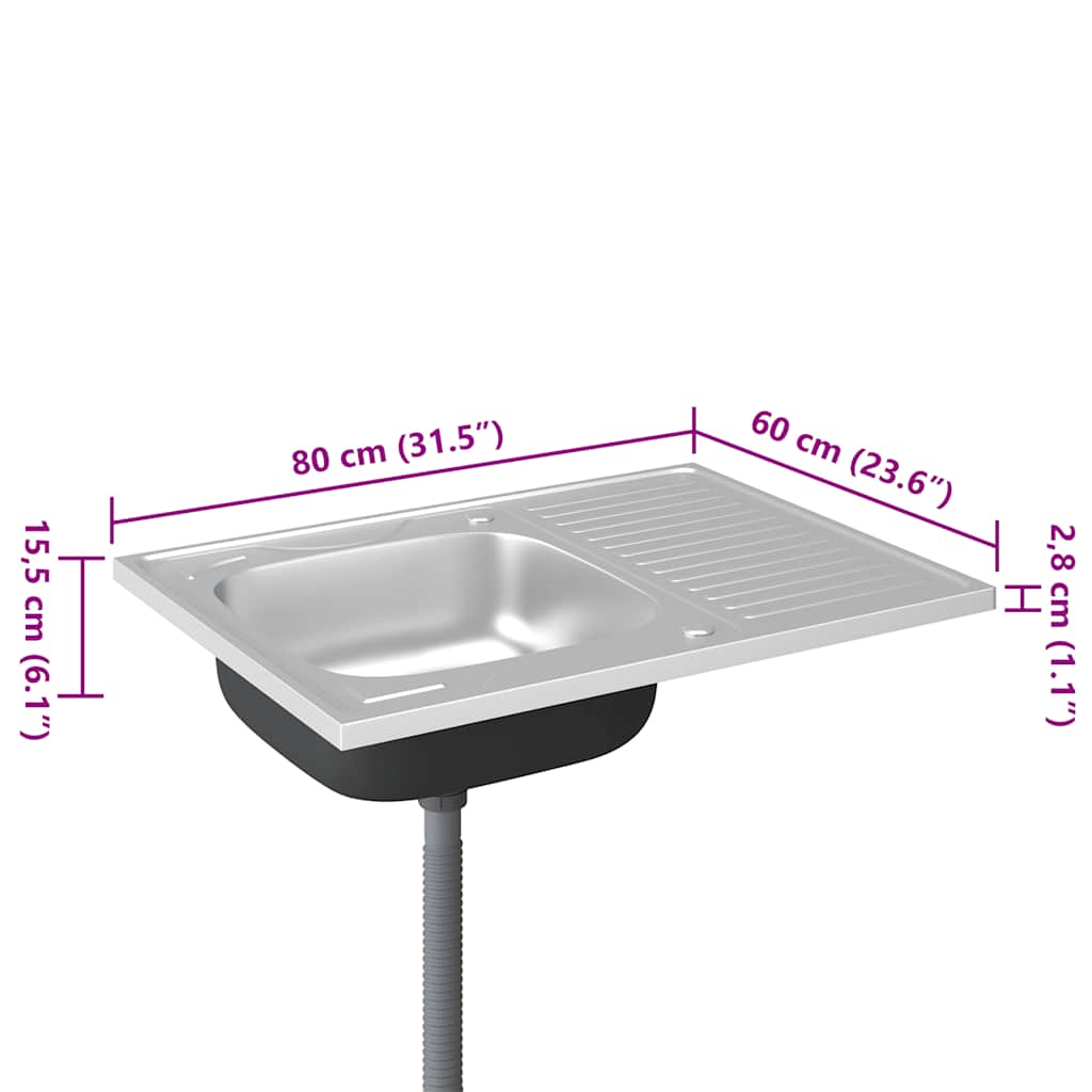 vidaXL Νεροχύτης + Ποδιά Σετ Ασημί 800x600x155 χιλ. Ανοξείδωτο Ατσάλι
