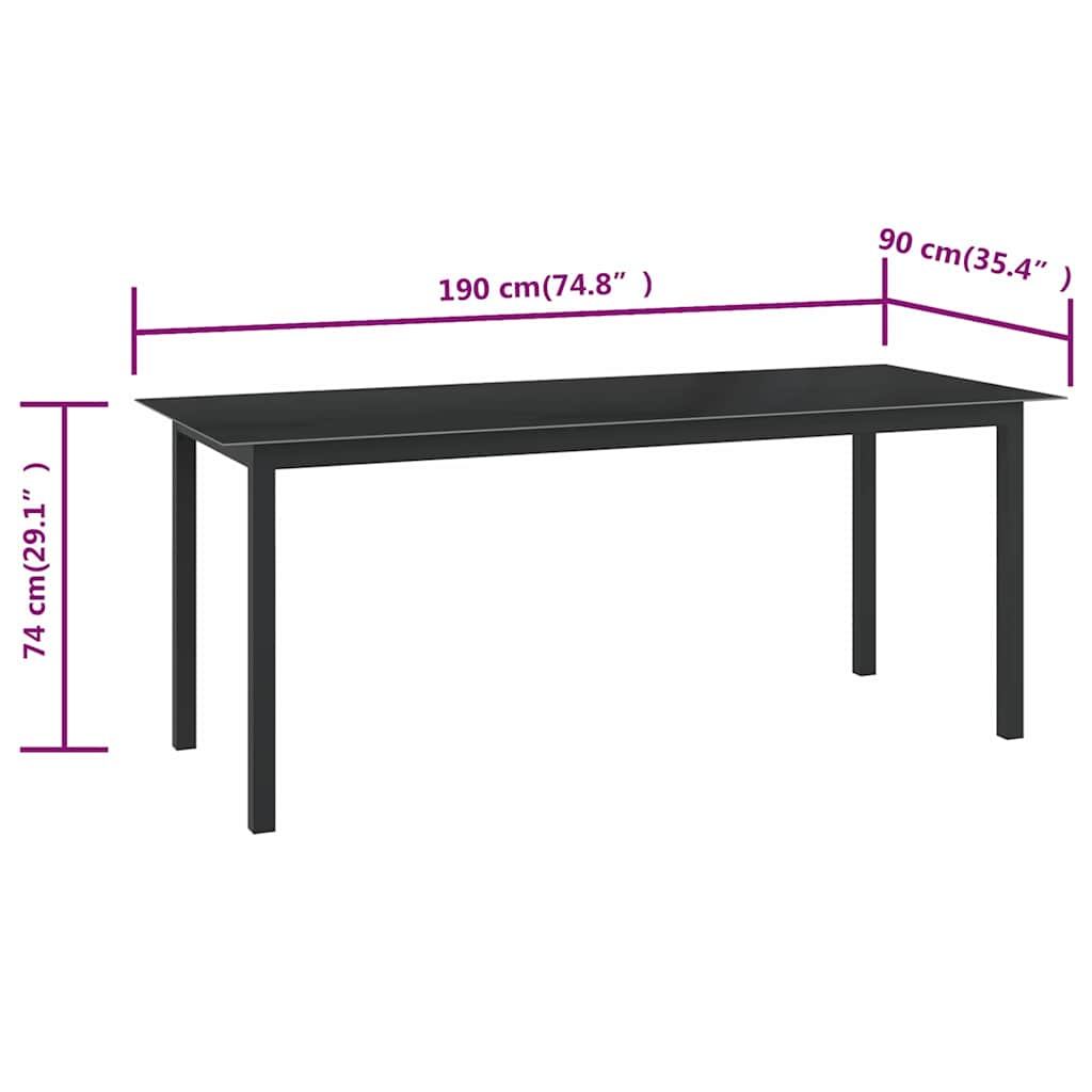 vidaXL Τραπέζι Κήπου Μαύρο 190 x 90 x 74 εκ. από Αλουμίνιο / Γυαλί