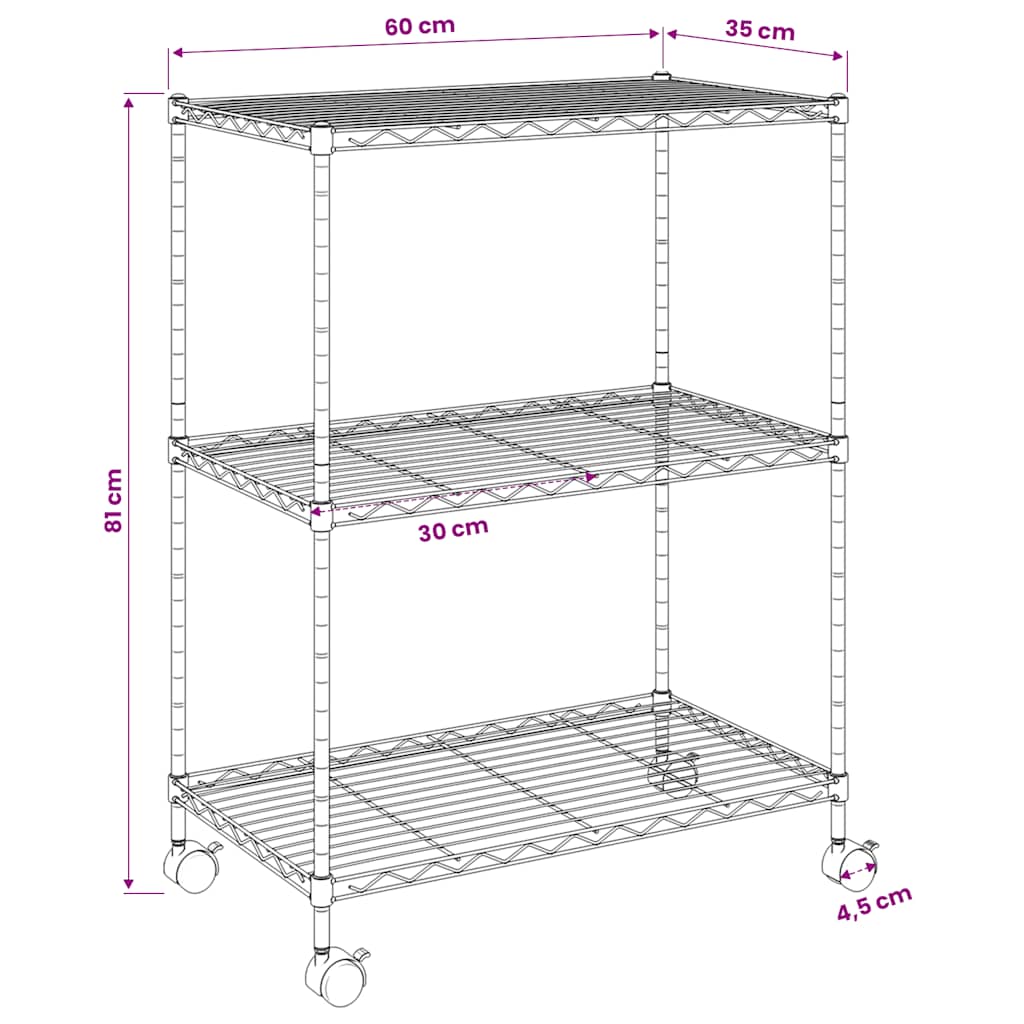 vidaXL Ραφιέρα 3 Επιπέδων με Τροχούς Χρωμέ 60x35x81 εκ. 150 κ.