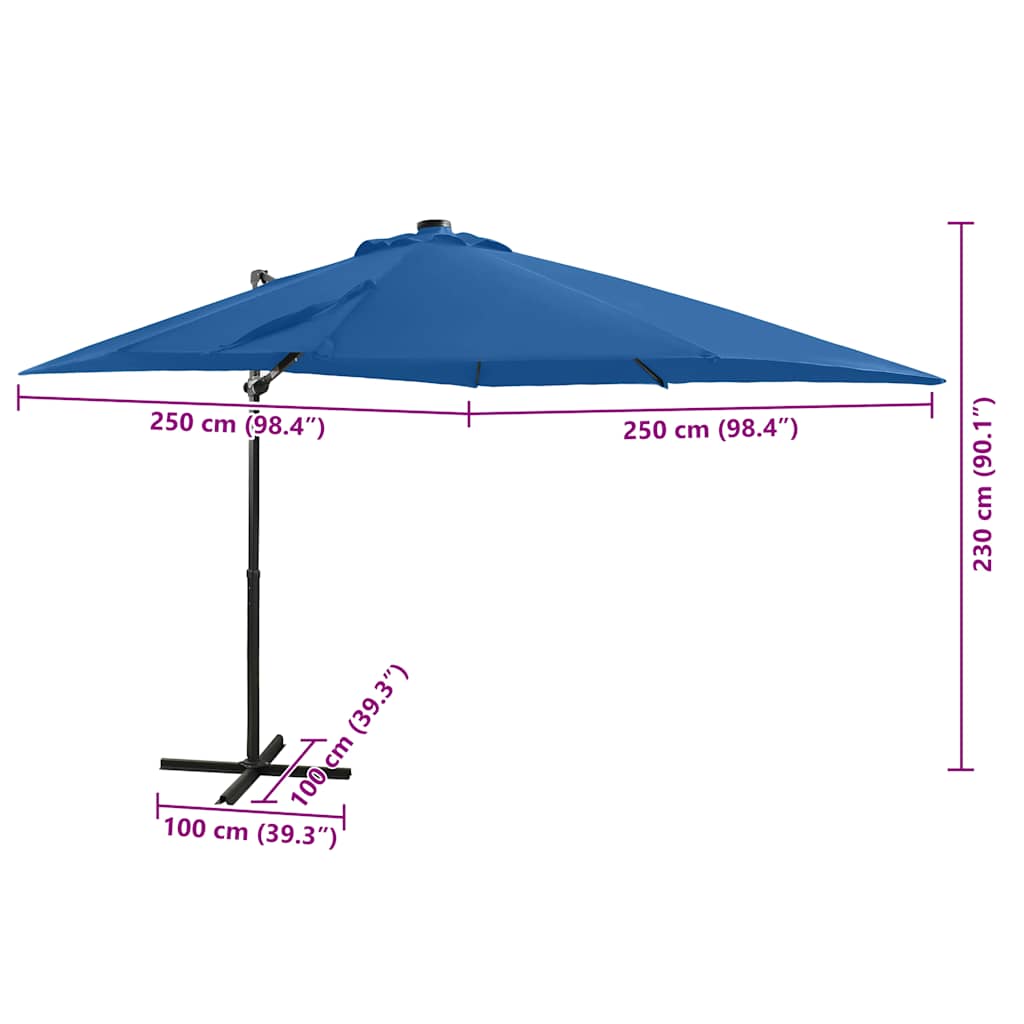 vidaXL Ομπρέλα Κρεμαστή Κήπου με Ιστό και LED Μπλε 250 εκ.