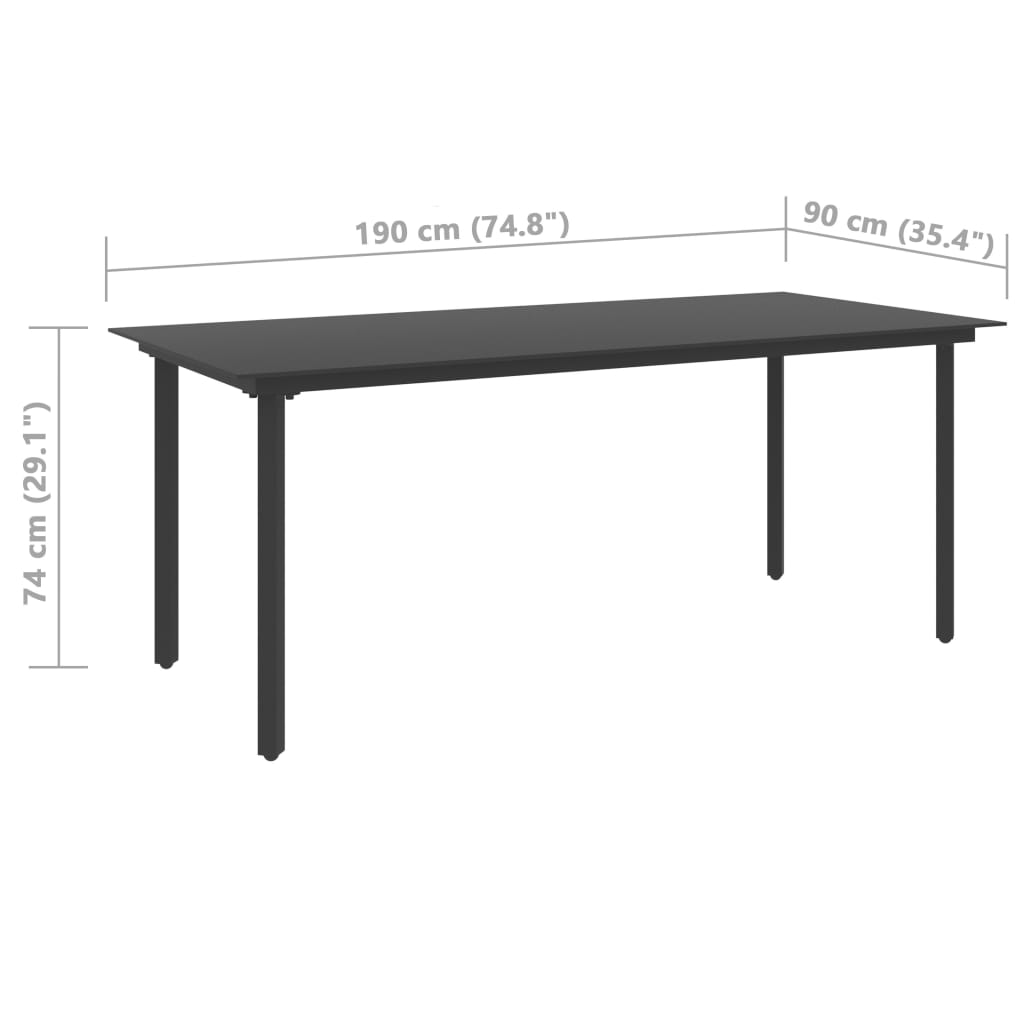 vidaXL Τραπεζαρία Κήπου Μαύρη 190 x 90 x 74 εκ. από Ατσάλι / Γυαλί