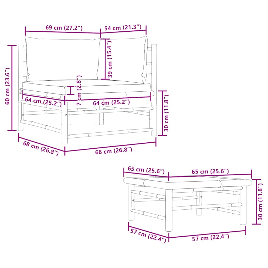 vidaXL Σαλόνι Κήπου 2 Τεμαχίων από Μπαμπού με Λευκά Κρεμ Μαξιλάρια