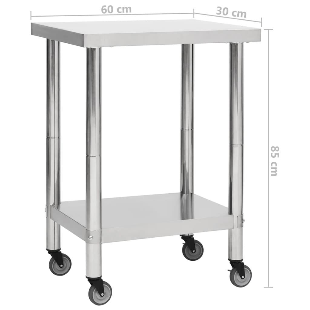 vidaXL Πάγκος Εργασίας Κουζίνας με Ροδάκια 60x30x85 εκ Ανοξείδ. Ατσάλι