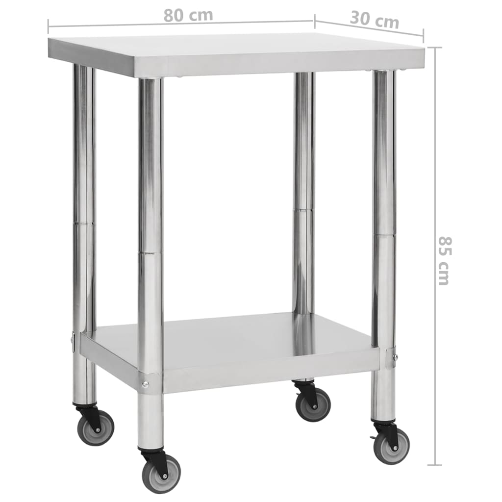 vidaXL Πάγκος Εργασίας Κουζίνας με Ροδάκια 80x30x85 εκ Ανοξείδ. Ατσάλι
